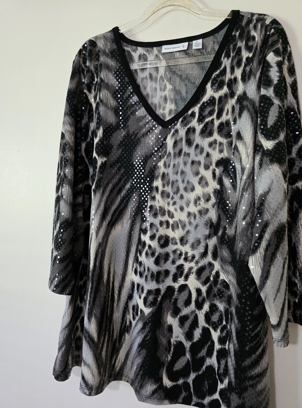 Susan Graver Mixed Animal Print V-neck Tunic Top Sequins Mob Wife Statement XL